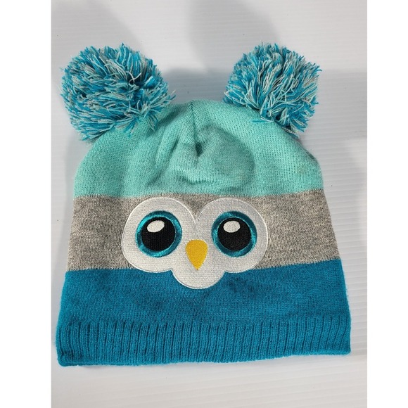 Owl Pom Pom Beanie Hat Winter Knit Warm Fleece Lined OSFM - Picture 1 of 6